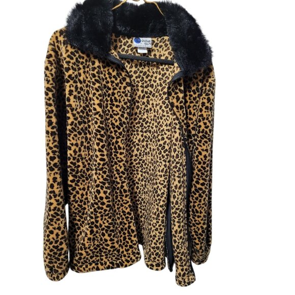 Vtg Ocean East Fleece Jacket Women’s M Leopard Print Faux Fur Collar Zip Up - Picture 6 of 15